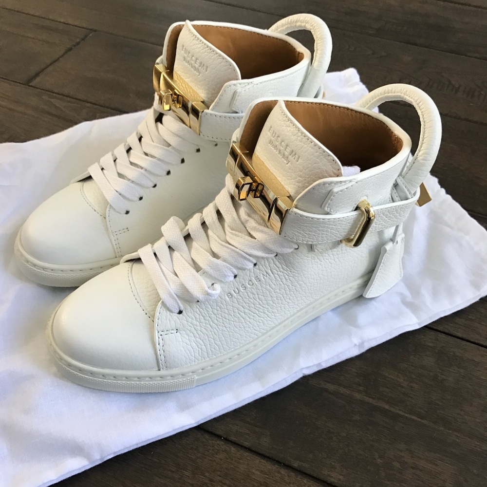 Buscemi White High-Top Leather Sneakers with Gold Hardware - Women